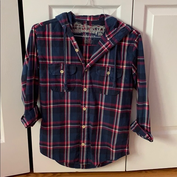 Hooded Navy Plaid Shirt (Aeropostale, XS) - Picture 2 of 4